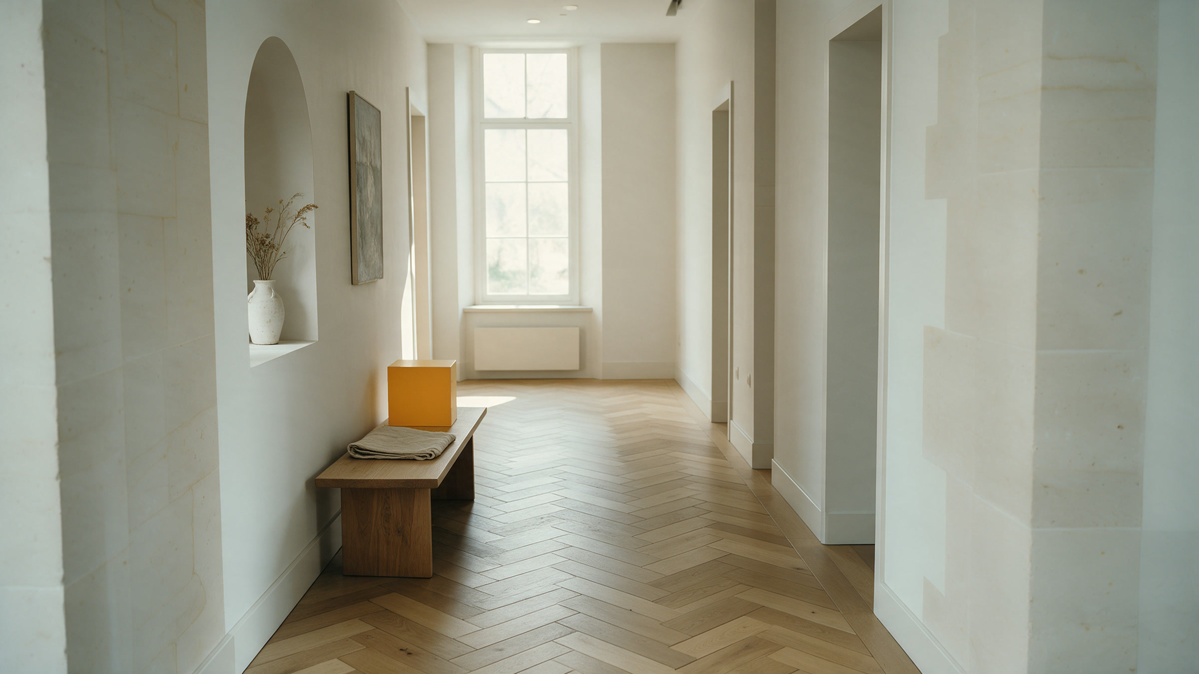 Ein heller Flur in einer stilvoll sanierten Pflegeeinrichtung mit Kalksteinwänden, Fischgrätparkett, einer Wandnische mit Vase und einer Eichenbank, auf der ein ockerfarbener Würfel steht.